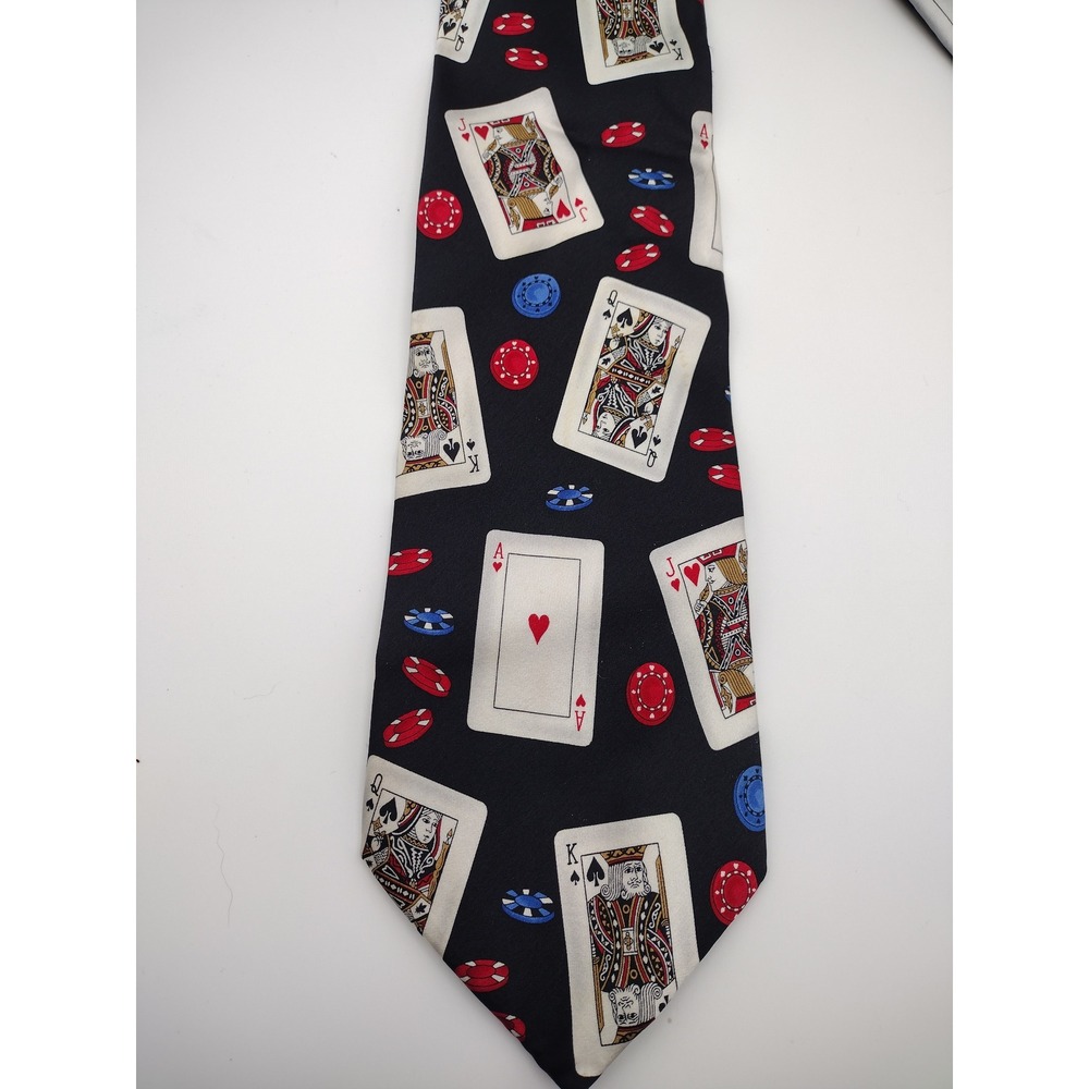 Tango Mens Silk Tie Black Playing Cards Poker Chips Gambling Casino Print